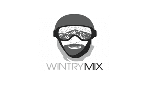 Graphic of man with ski goggles and text "Wintry Mix"