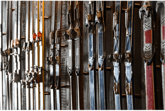 Skis hung up on a wall